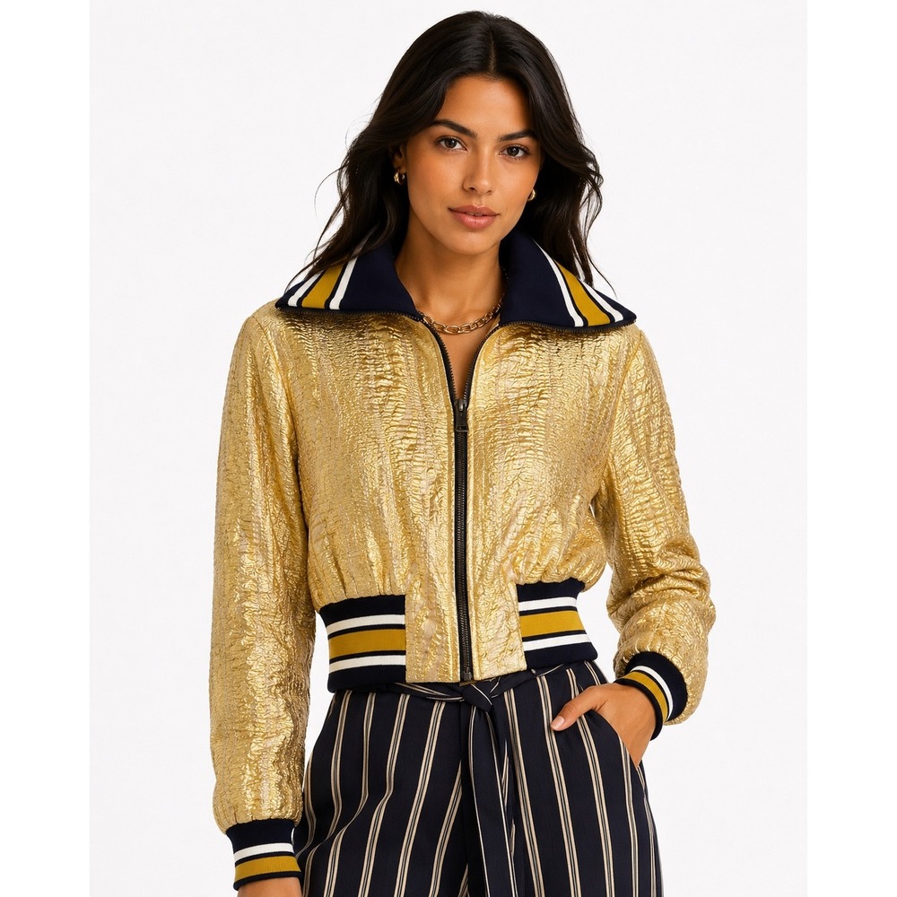 BCBGMAXAZRIA Gold Metallic Bomber Jacket Varsity Striped Collar XXS NWT